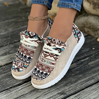 Women's Geometric Pattern Canvas Shoes, Casual Low Top Flat Shoes, Lightweight Sneakers