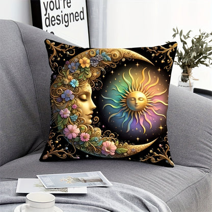 Bohemian-style celestial sun and moon pillow cover, 44.96x44.96 cm, machine washable polyester knit fabric, ideal for home and bedroom decor. Zippered decorative cushion cover, perfect for living room. Architectural collectible accessory (pillow insert