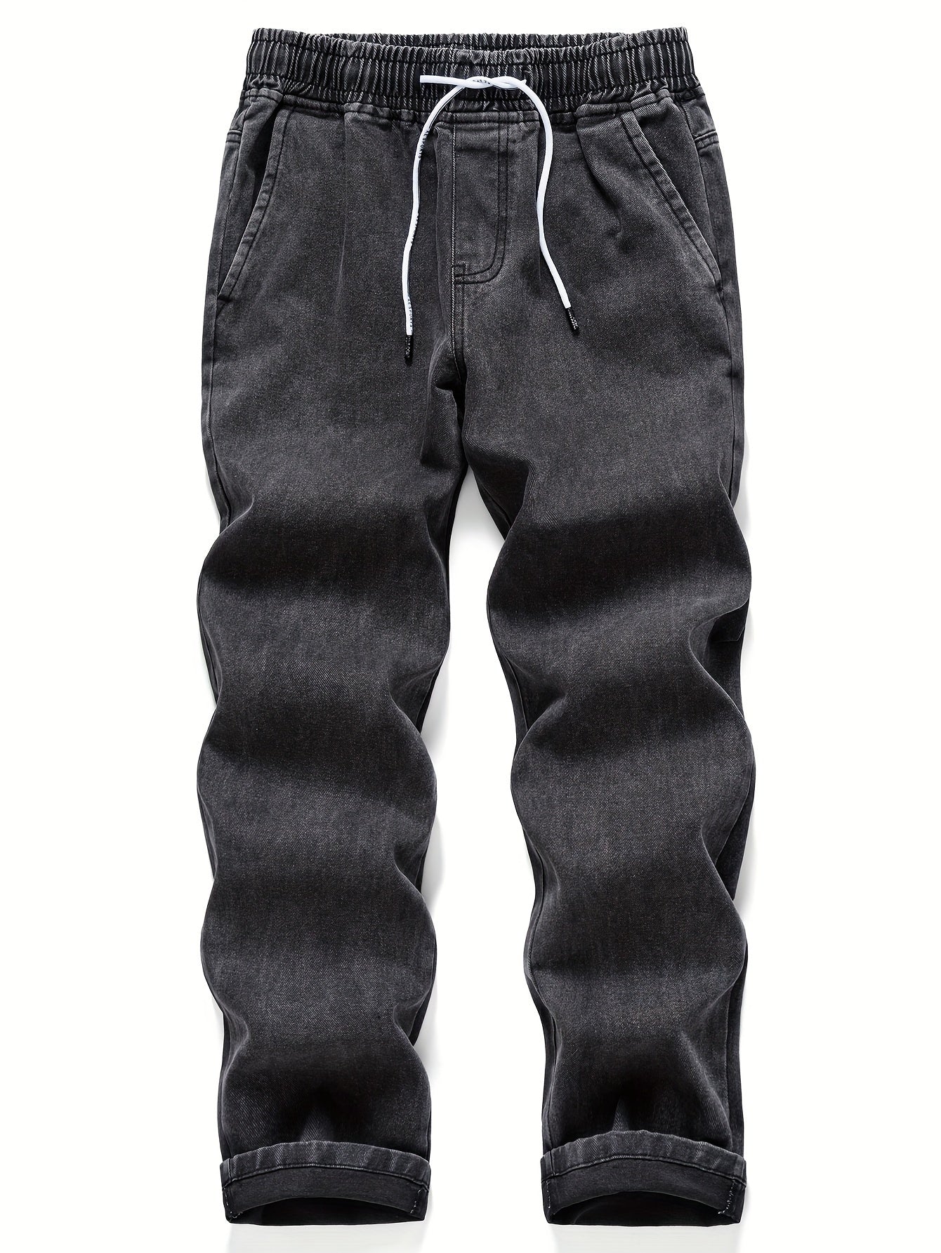 Mens' washed denim trousers with pockets and drawstring waist for outdoor activities