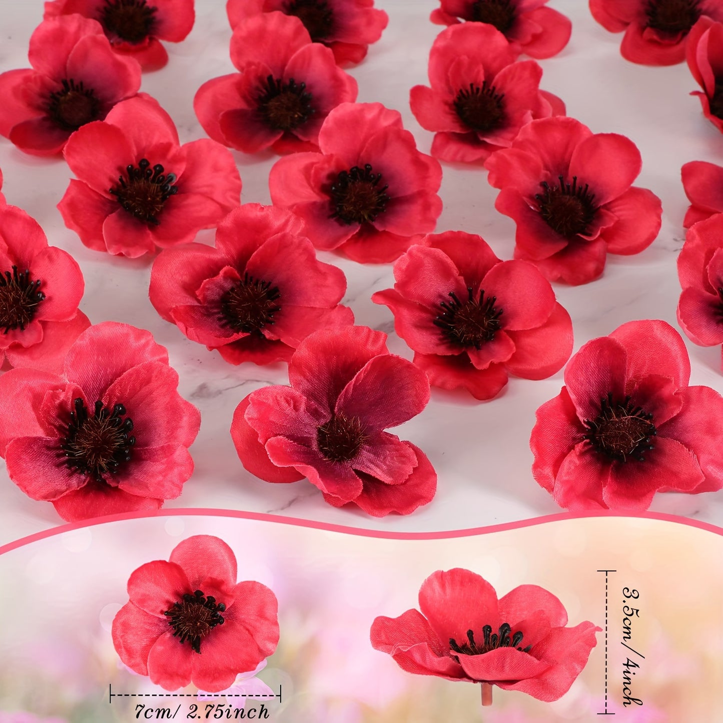 30 stemless artificial poppy flowers for Veterans Day, weddings, home decoration, parties, and crafts.