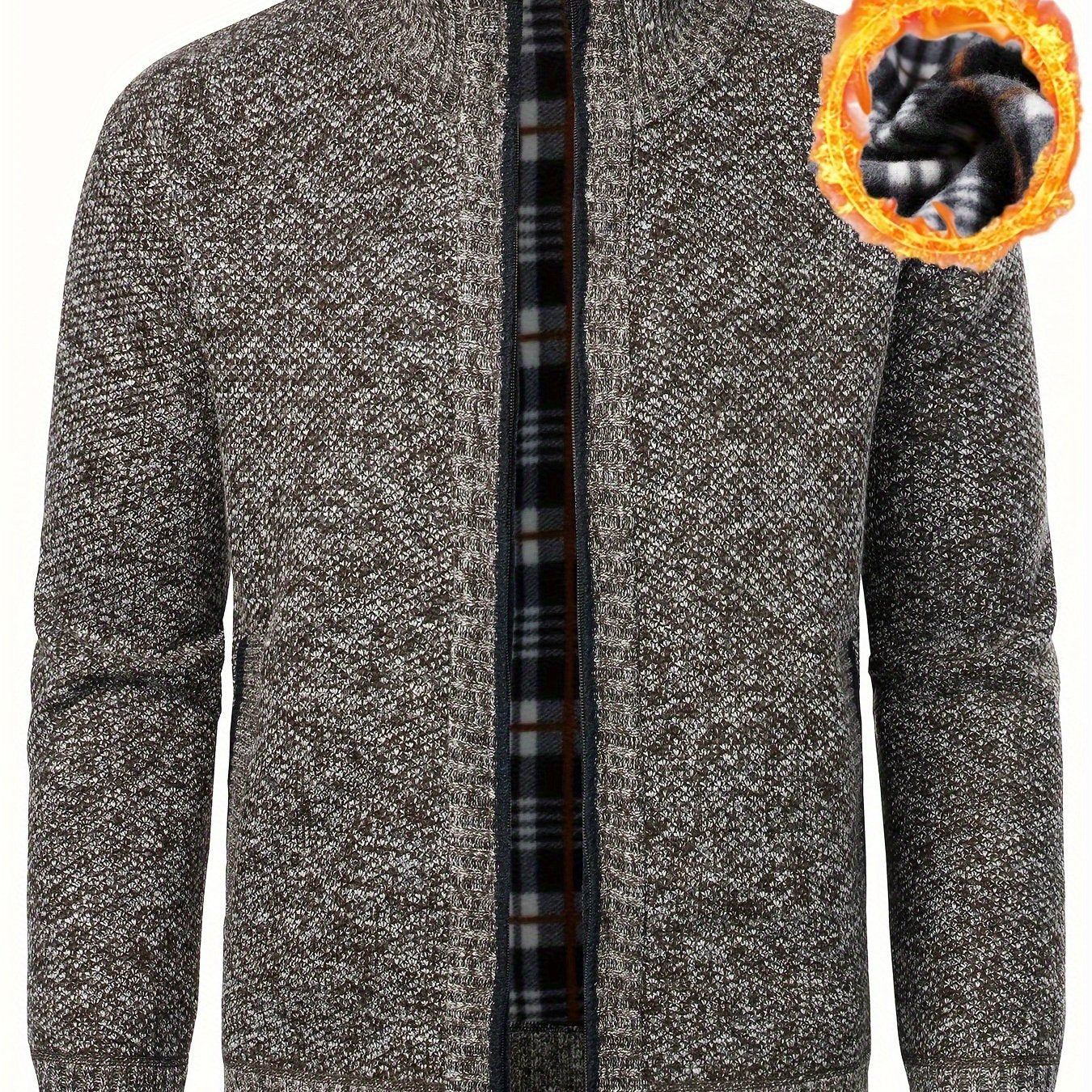 Men's zippered cardigan sweater made from 100% polyester knit fabric. Regular fit with slight stretch, stand collar, and zipper detail. Ideal for fall/winter outerwear.