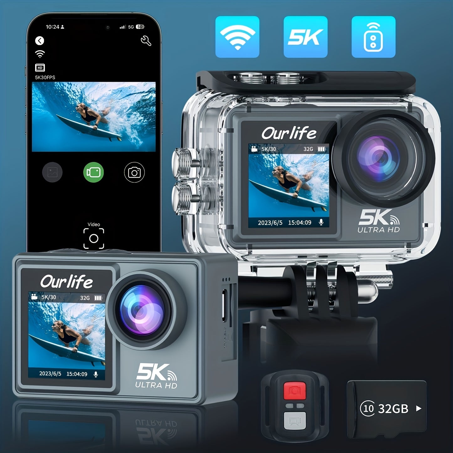 Ourlife 5K Ultra HD Dual-Screen Action Camera with WiFi, Remote Control, 2.4GHz Wireless Connectivity, Design for Adventure Photography.