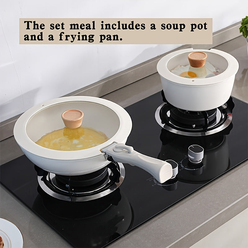 Cookware set featuring five pieces of non-stick aluminum pots and pans, complete with a removable handle and stackable design. Includes tempered glass lids for each piece, suitable for home use. Set includes a 20cm soup pot and a 26cm frying pan, both