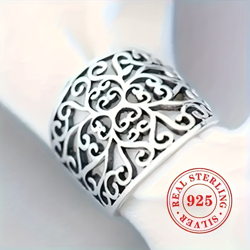 925 Silver Hollow Vine Wide Band Ring with Wide Hollow Leaf Pattern - Perfect Bohemian Gift (Comes with Gift Box)