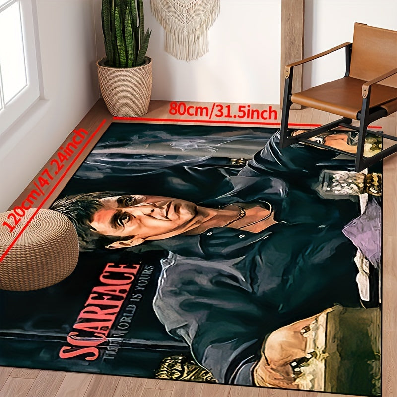 A non-slip resistant rug featuring a man sitting on a dark black background, wearing a deep blue shirt. This machine-washable, waterproof carpet is perfect for the entryway, living room, bedroom, outdoor patio, garden, or yard. Add a touch of style and