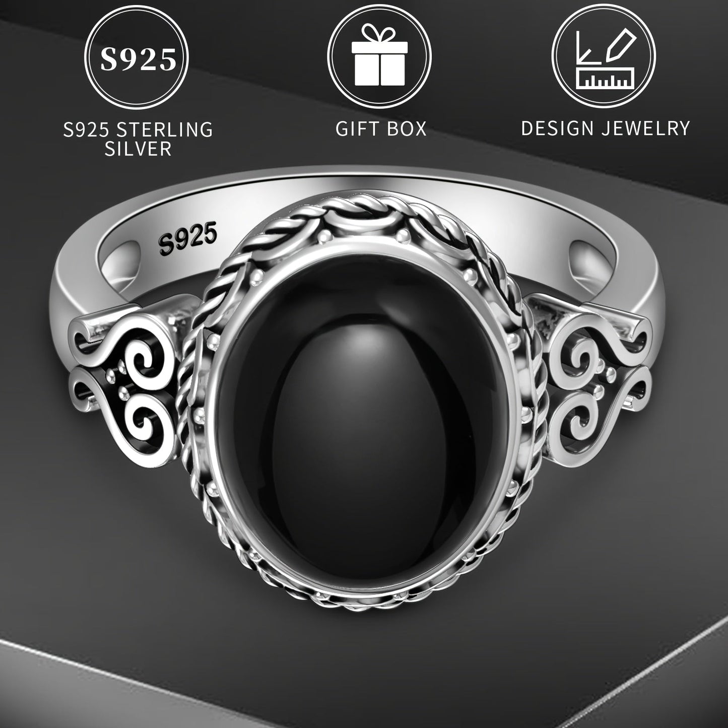 A beautiful S925 sterling silver ring featuring a black agate stone, perfect for women. Hypoallergenic and nickel-free, this ring showcases a heart vine pattern in a Victorian vintage style. Crafted with high-quality materials, it is suitable for daily