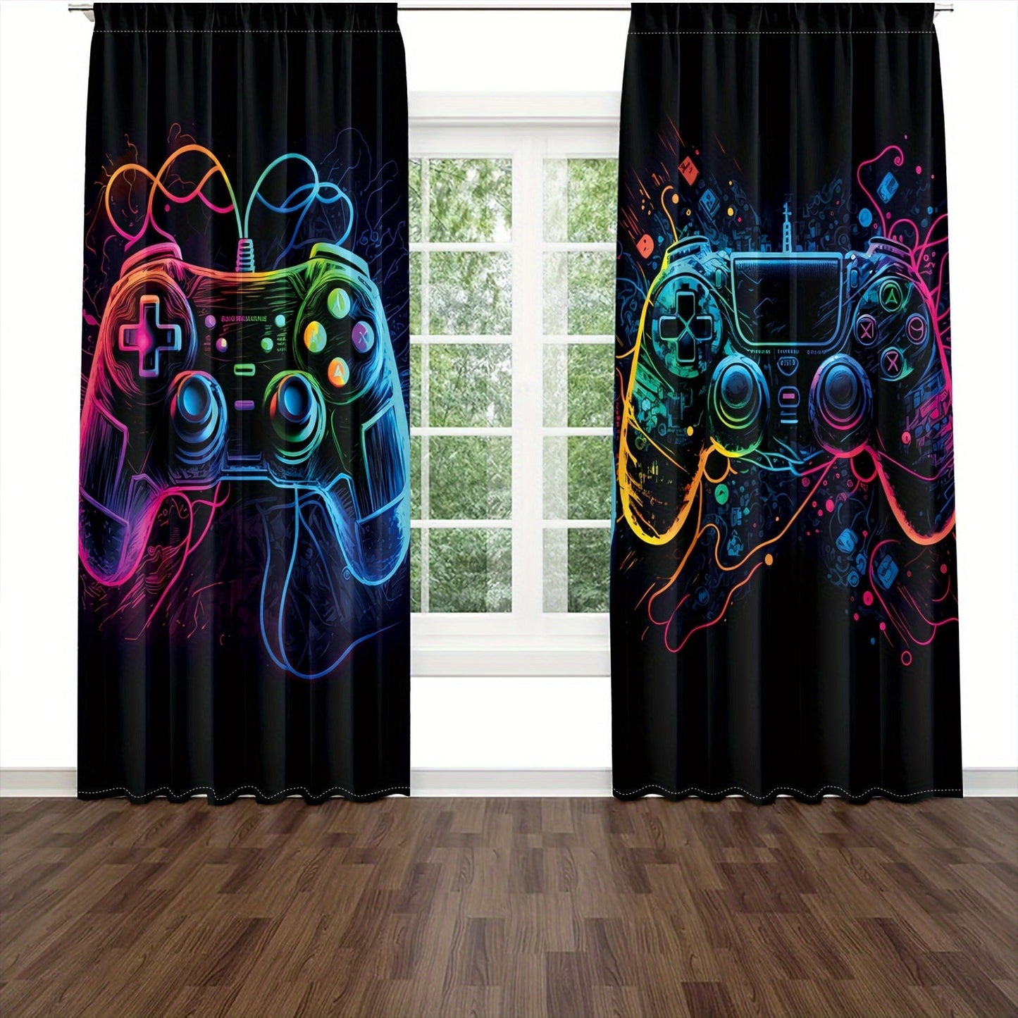 Two player game controller design living room curtain screen-printed with a colorful game console pattern. This semi-transparent curtain provides privacy and is suitable for both the bedroom and living room.