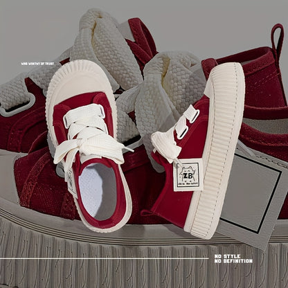 Women's red and white canvas sneakers with breathable fabric, thick rubber sole, lightweight design, suitable for hand or dry cleaning.