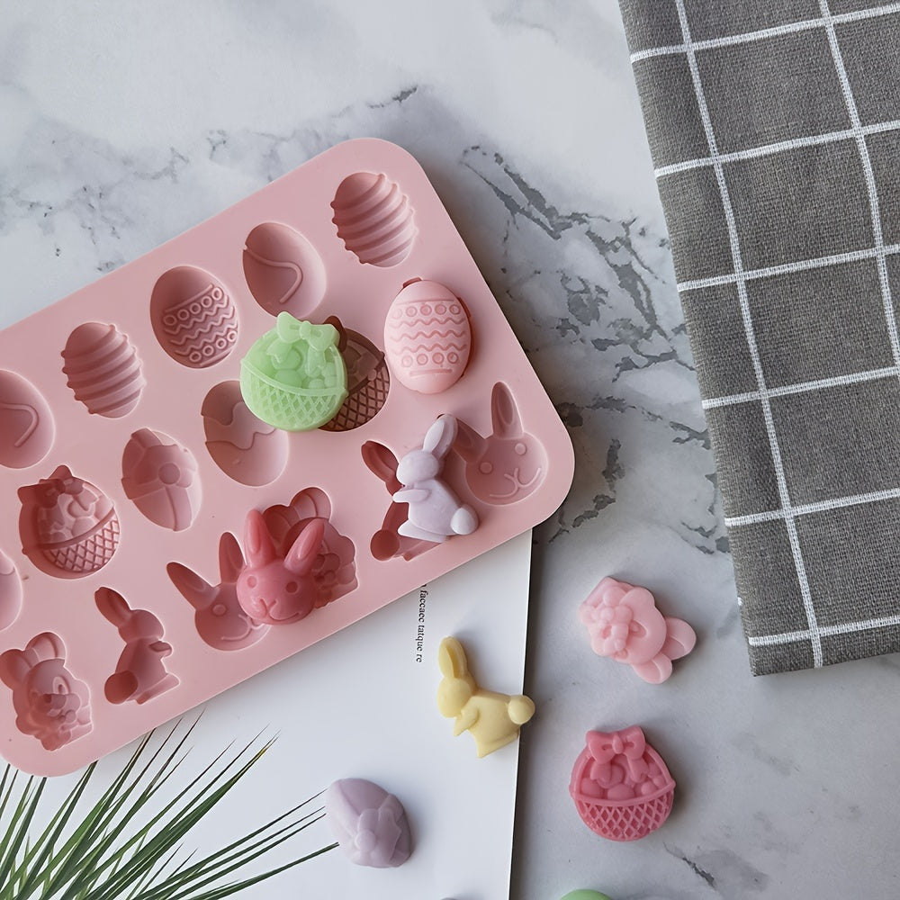 Silicone Easter egg and rabbit candy chocolate mold with 18 cavities, perfect for handmade homemade cakes. A kitchen accessory tool for creating festive treats.