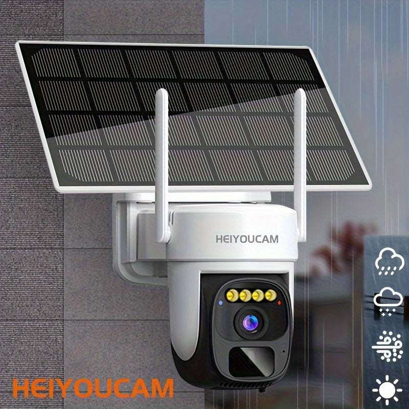 Solar-powered wireless outdoor security camera with pan-tilt 360° view, 3MP resolution, two-way talk, cloud/SD storage, color night vision, spotlight, siren, motion detection, and