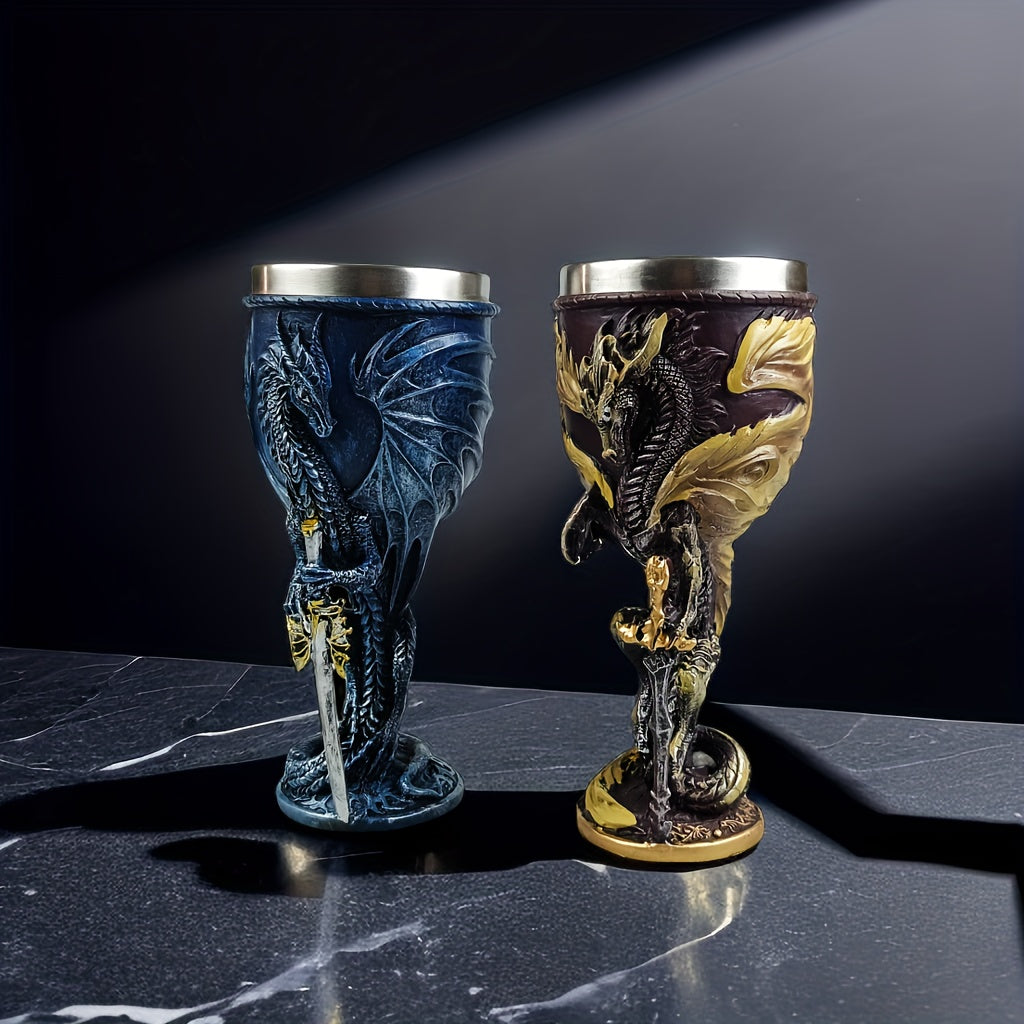 Medieval Flame Dragon Wine Cup, 7oz Stainless Steel, Gothic Novelty Gift with Vintage Flying Dragon Design, Hand wash only, Perfect for Family and Parties.