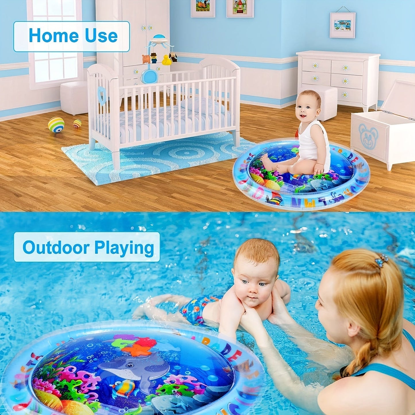 Ocean-themed PVC inflatable baby water play mat designed to promote sensory development and enhance motor skills in infants and toddlers aged 0-3 years. The educational aquarium design measures 65.02cm and includes tummy time and play activities for