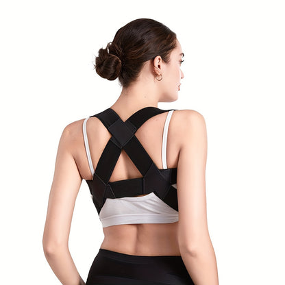 Invisible back brace for hunched shoulders, adjustable sizes, supports spinal alignment and improves posture.