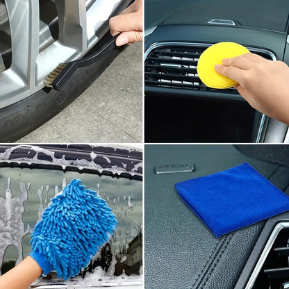 Set of 26 car detailing brushes including wheel brushes, air vent brush, buffing sponge pads kit, washing mitt, and cleaning cloth. Perfect for home and auto detailing with drill brushes, scrub pads, and other cleaning supplies.