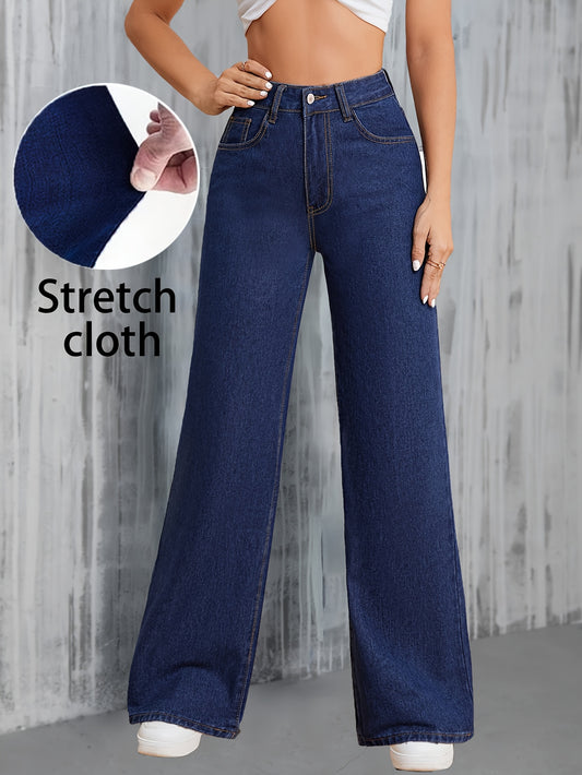 High-waisted wide leg jeans for women, preppy style, solid color denim with button fly closure and washed detail, loose fit for all-season casual wear.