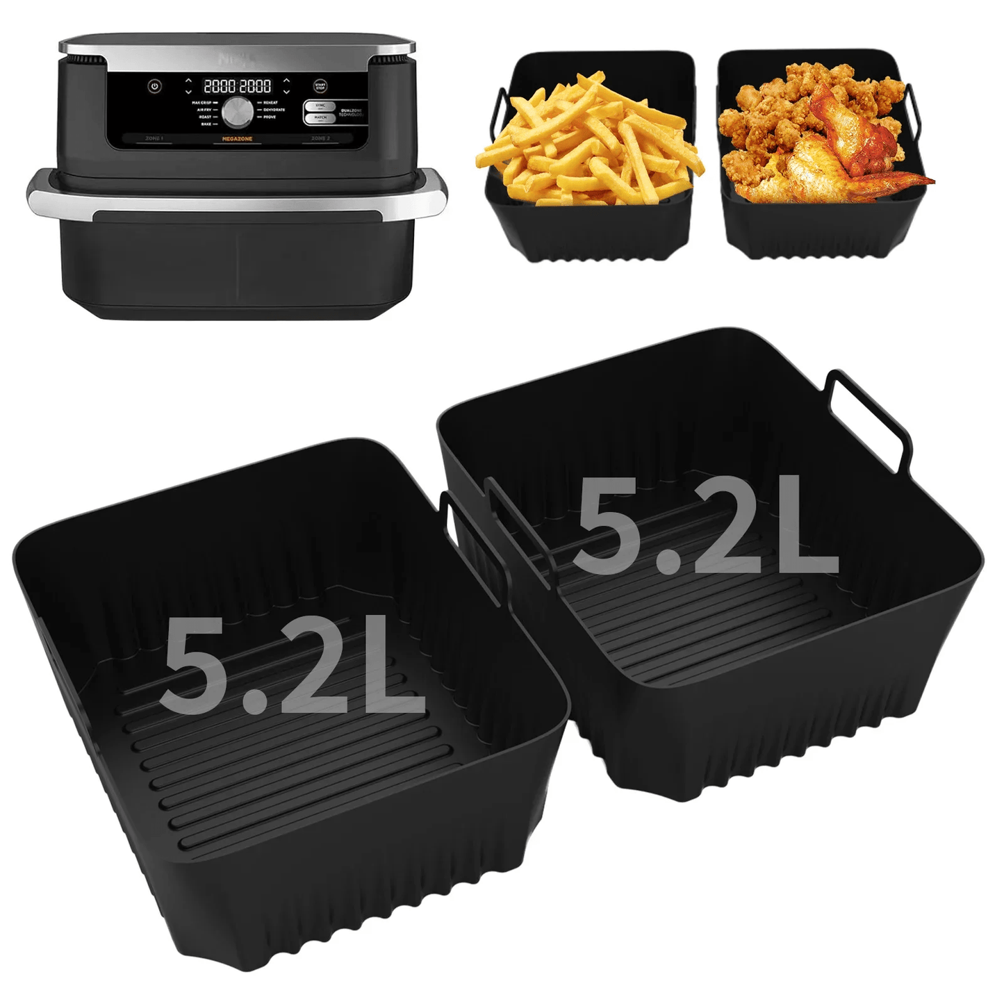 Silicone Tray Set for Ninja AF500 Air Fryer, Includes 5.2L & 10.4L Non-Stick Baking Baskets and Reusable Food-Safe Liners for Oven, Pizza, and Grill Pan