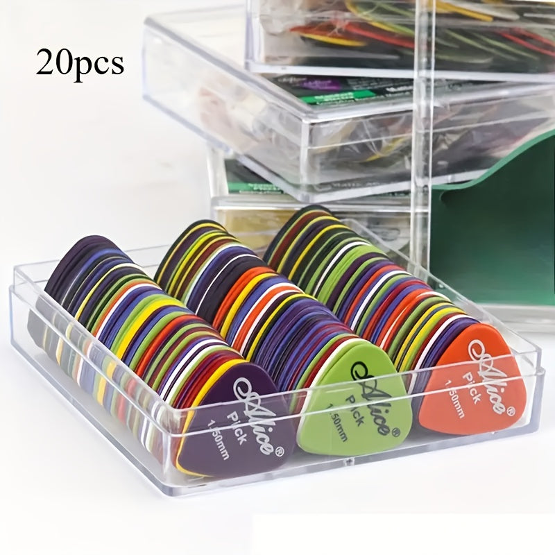 20 piece guitar pick set for electric bass and acoustic guitars, thickness ranging from 0.58 to 1.5mm, free shipping.