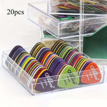 20 piece guitar pick set for electric bass and acoustic guitars, thickness ranging from 0.58 to 1.5mm, free shipping.