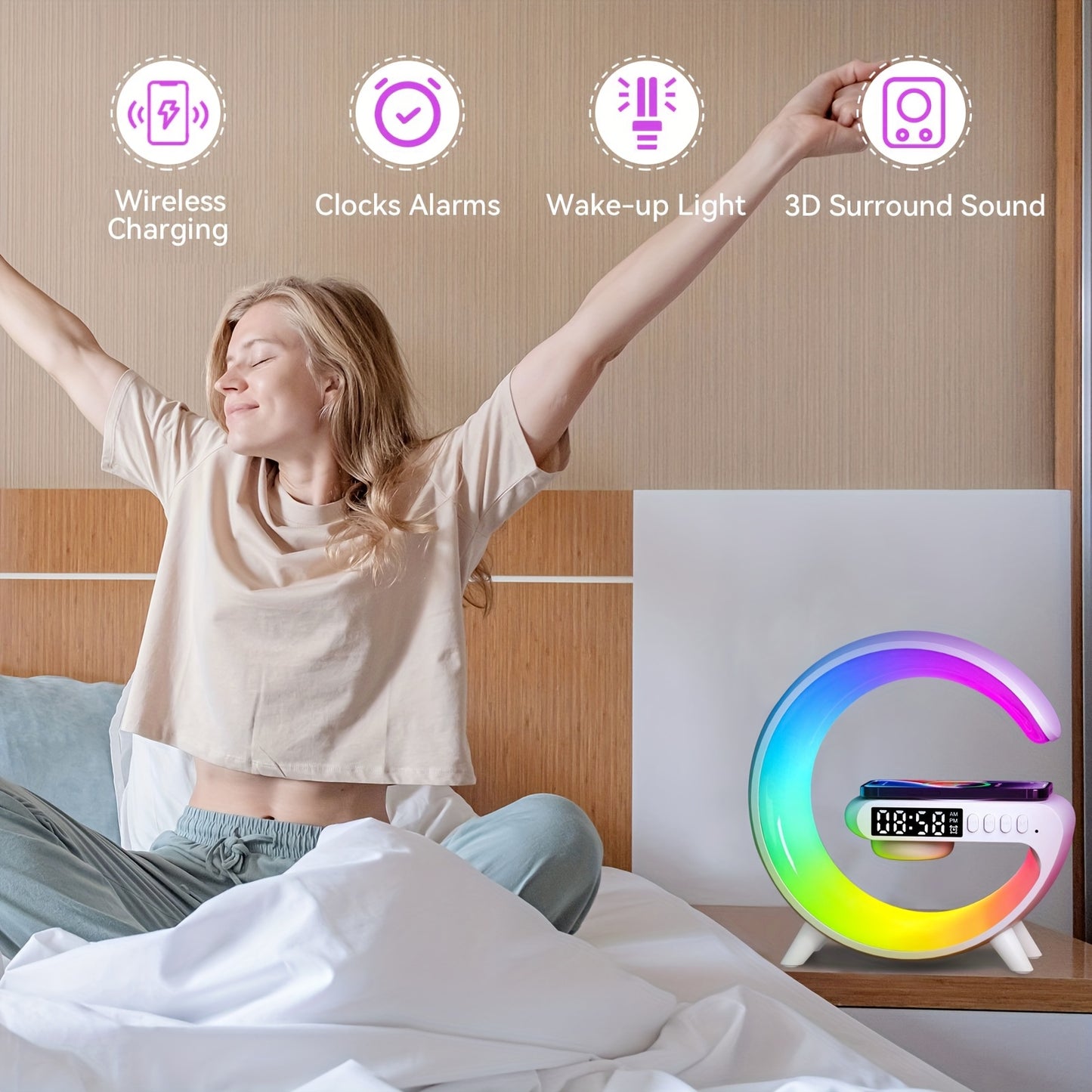 Smart lamp with wireless phone charging, RGB night light, alarm clock, and bedside table lamp.