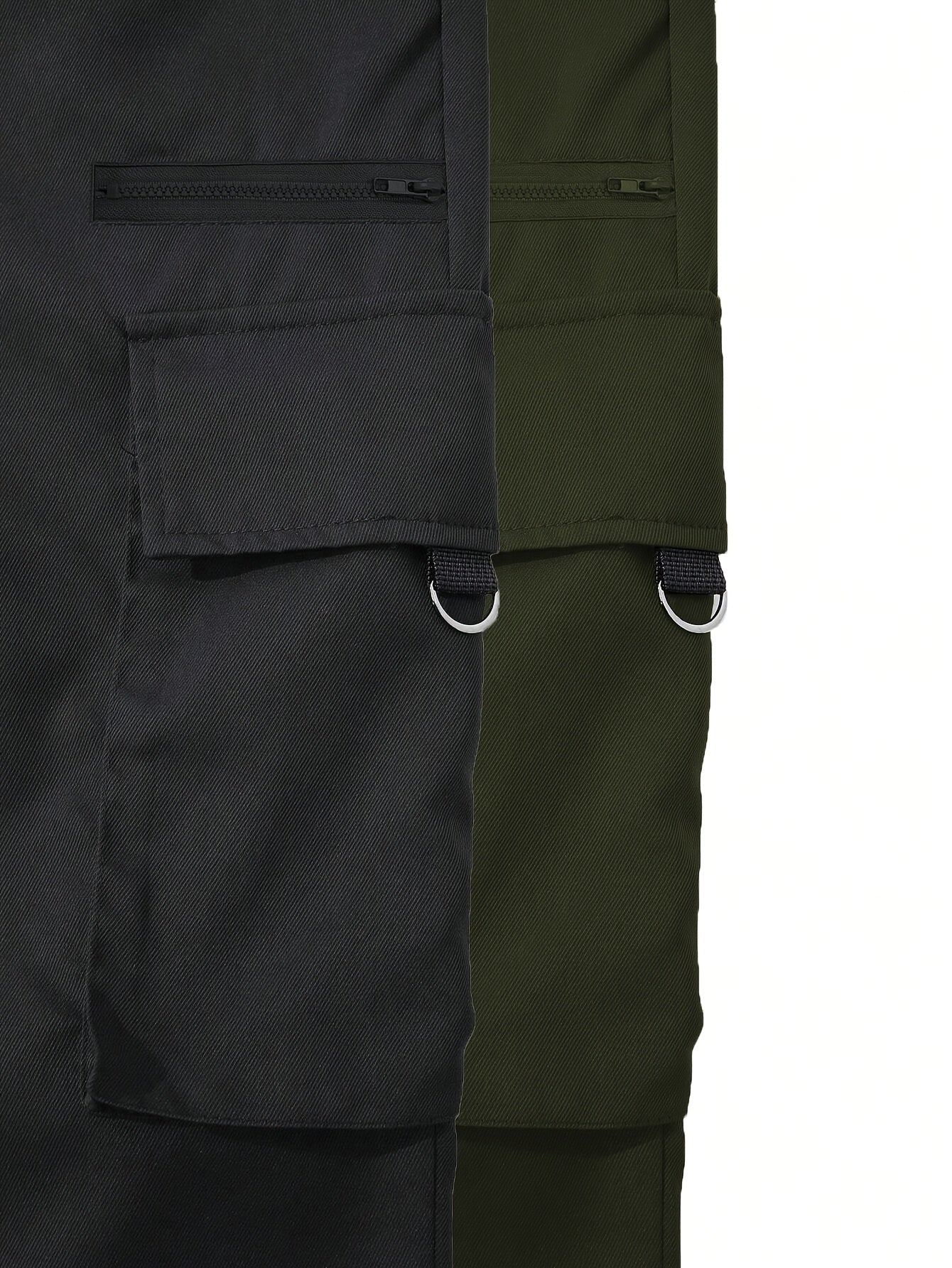 2 men's cargo pants in black and gray with drawstring waist, multiple pockets, made of durable polyester. Perfect for outdoor activities and casual wear.