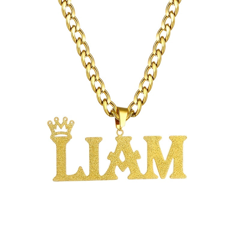 Customize your own name necklace with a crown pendant, plated in 18K gold. The necklace features a stainless steel 5mm Cuban chain in a hip hop classic style. The nameplate is detachable and comes with an extra stainless steel 5mm Cuban chain for both