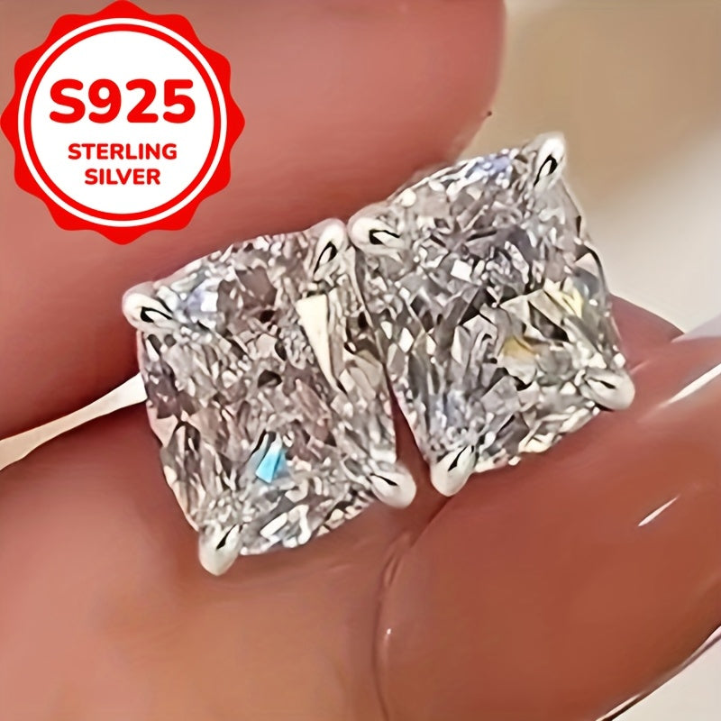 Stylish Women's Stud Earrings - Square Cubic Zirconia Set in S925 Sterling Silver, Versatile Jewelry for Everyday and Special Events, Lightweight at 3g