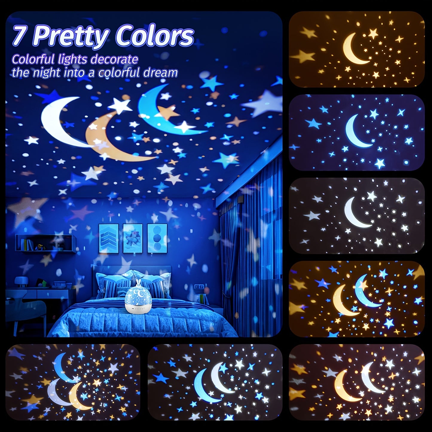 PIKOY Star Projector Night Light features 15 films, 7 colors, music speaker, remote timer, 360° rotation, silent operation, plastic shade, dual power options, infrared sensor, and