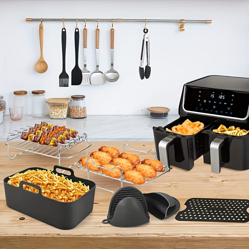 Air Fryer Accessories Set - Includes Tools/Rack for Most Dual Basket Air Fryer Models (7.6-9.6L), Oven Accessories, Air Fryer Liners, Multi-Layer/Skewer Rack, Metal Holder, Tongs, Brushes, and Oven Gloves