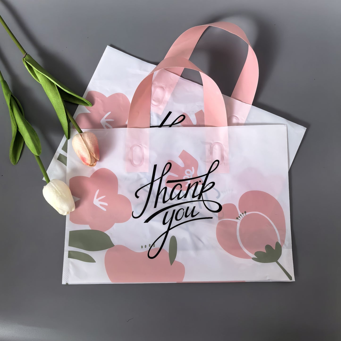 Pack of 50 Floral Thank You Gift Bags - Strong plastic bags for shopping, weddings, birthdays, and holidays