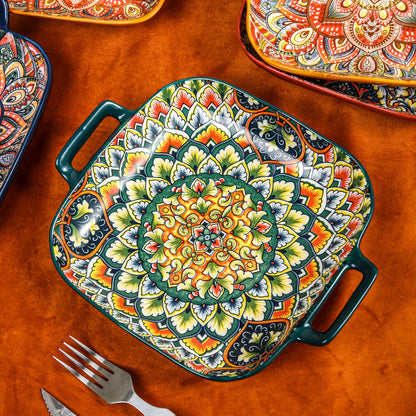 Square ceramic serving tray with floral design and double handles, perfect for any season.