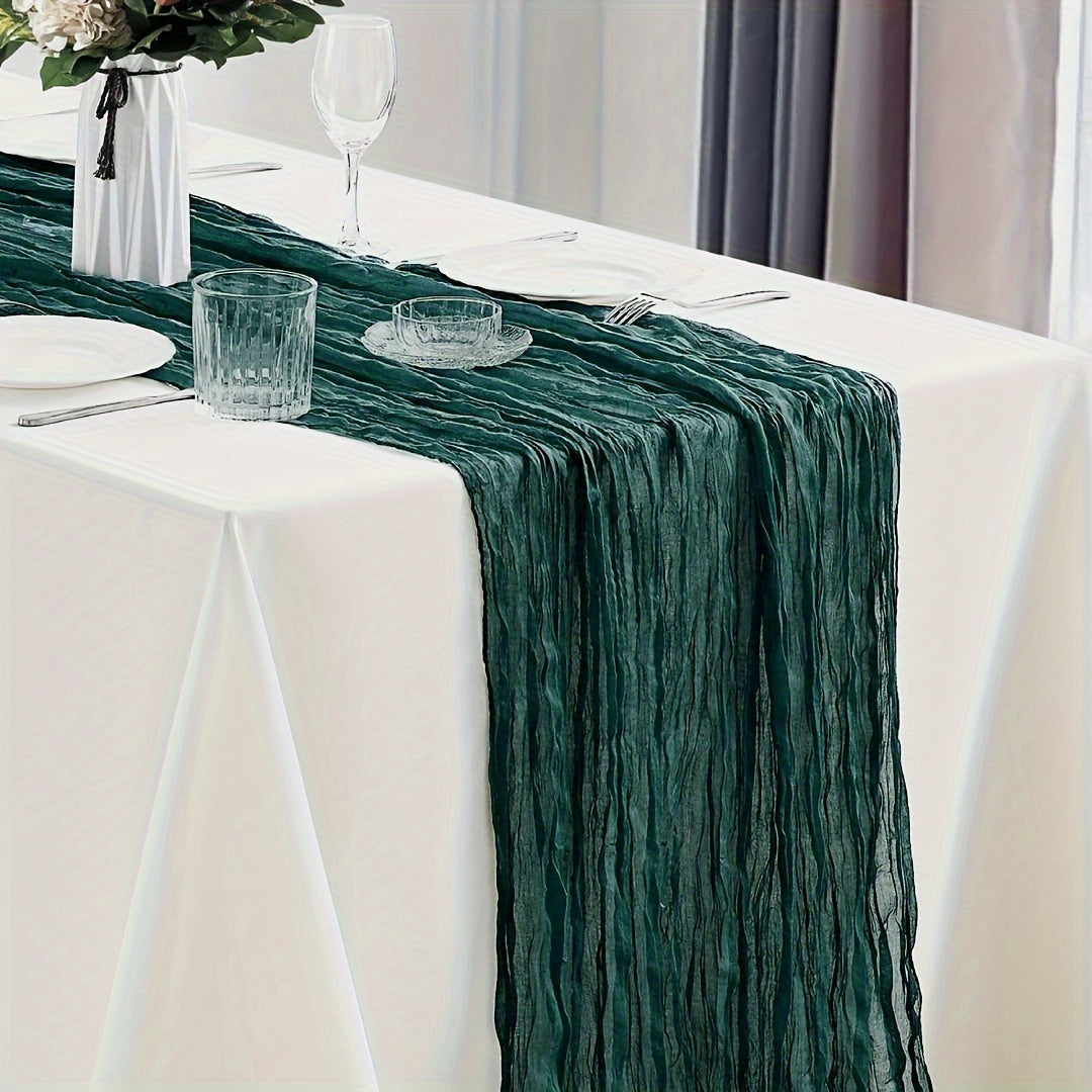 Elegant rust-colored cheesecloth table runner for spring, holidays, weddings - farmhouse chic design.