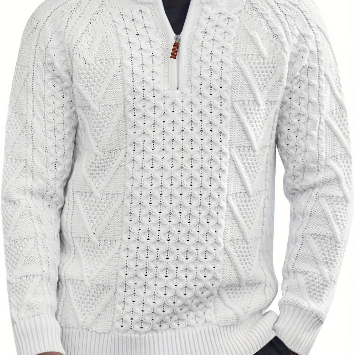 Plus size men's polyester pullover sweater with stand collar, zipper detail, and solid color, perfect for fall/winter.