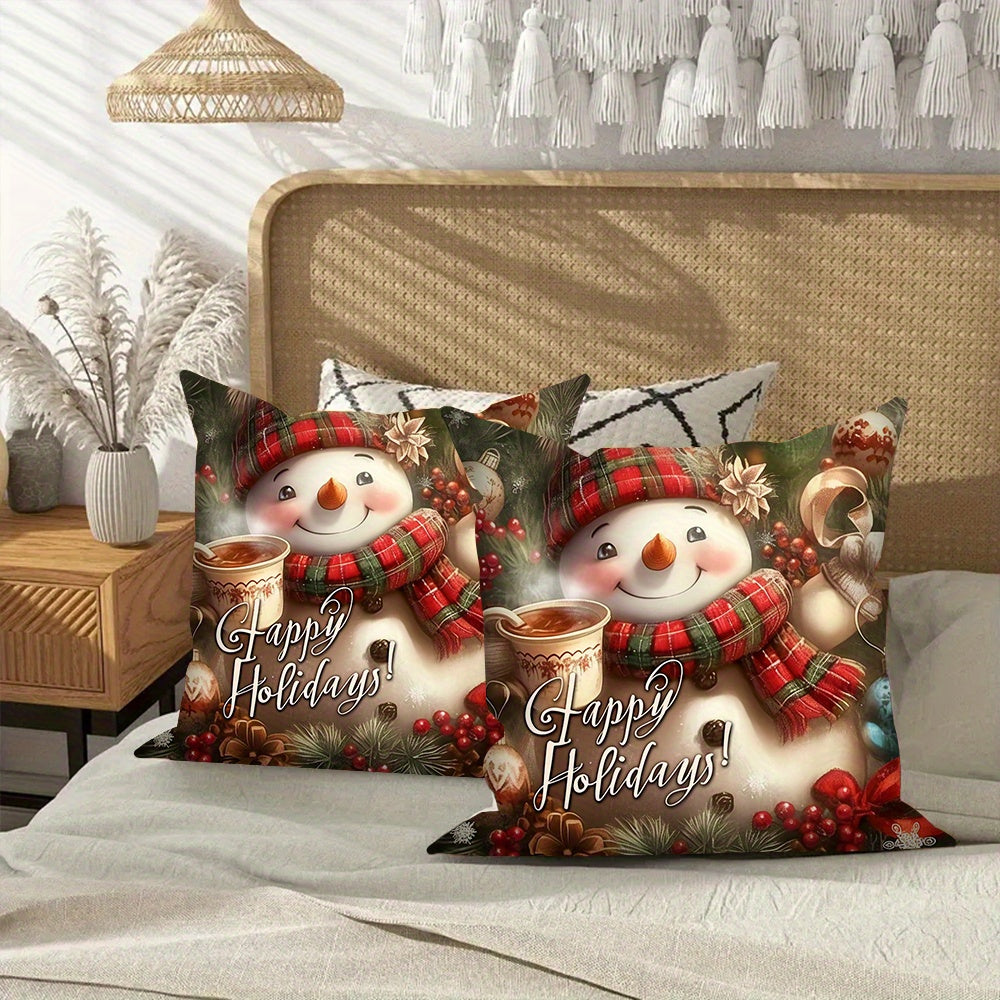 Set of 2 Christmas Snowman Throw Pillow Covers, 18x18 inches, made of durable Polyester Blend material. Easy to clean with machine washable feature. These festive Woven Square Cushion Cases are perfect for adding holiday spirit to your sofa and bedroom.