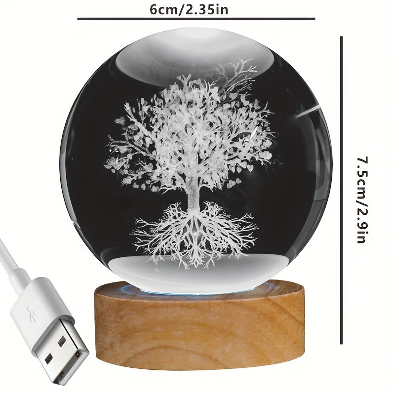 1 Tree of Life crystal ball night light, engraved with 3D glass plant design, perfect for gifts and home decor.