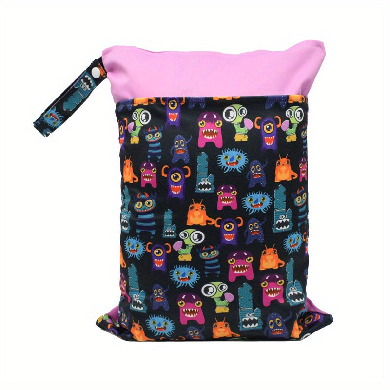 A versatile wet/dry bag that is waterproof and reusable, perfect for storing cloth diapers and breast pump parts. Features two zippered pockets, a convenient handle, and can be used as a beach, pool, gym, or stroller bag. Also great for organizing