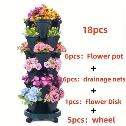 1 set of 6-tier stackable planters with 18 pieces, made of durable plastic with moving wheels and tools. Ideal for growing flowers, herbs, strawberries, and vegetables in indoor or outdoor