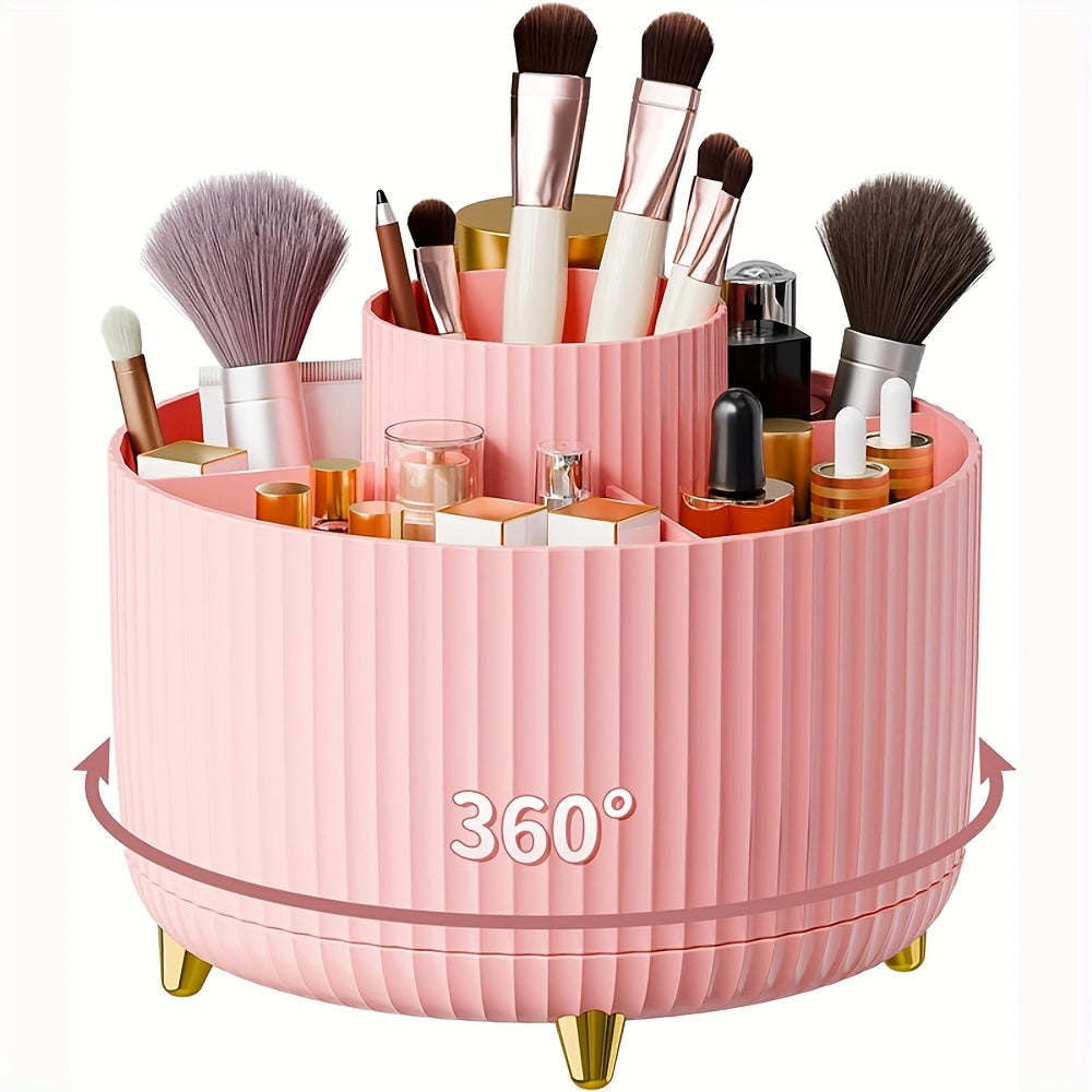 360° Rotating Makeup Organizer with 5 compartments for brushes, lipsticks, skincare, and stationery. Durable unscented desk caddy with luxury stripe design.