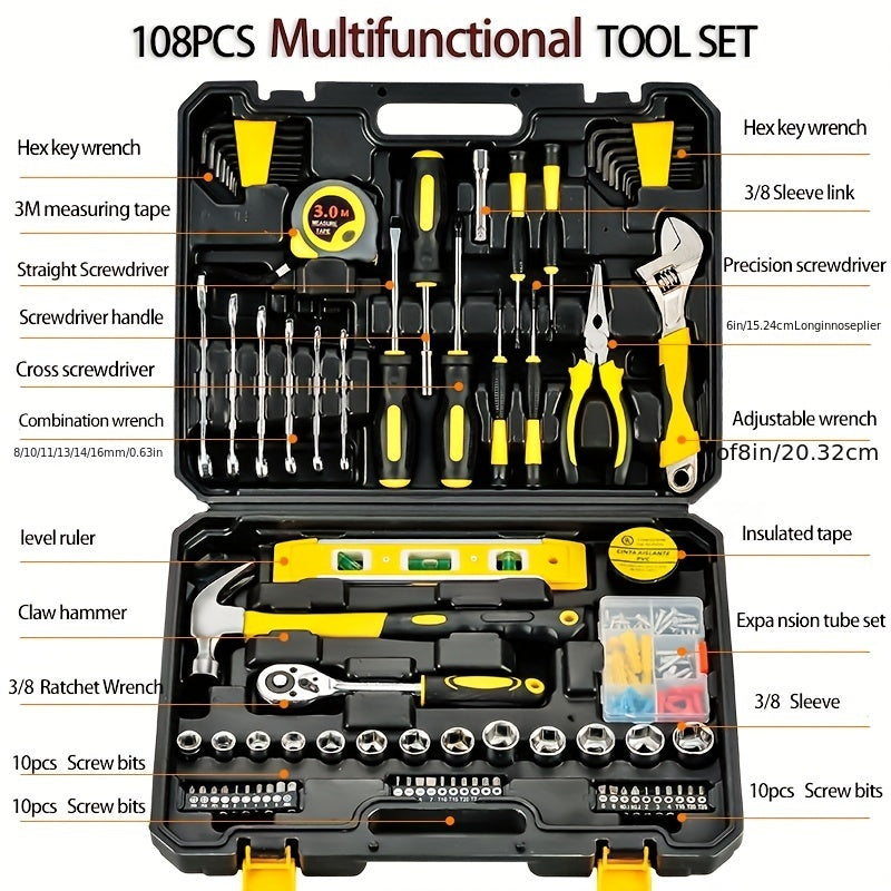 A versatile home repair kit with 108 tools for home renovations and automotive repairs, featuring high-precision wrenches, magnetic screwdrivers, and hex key sets. An excellent gift for