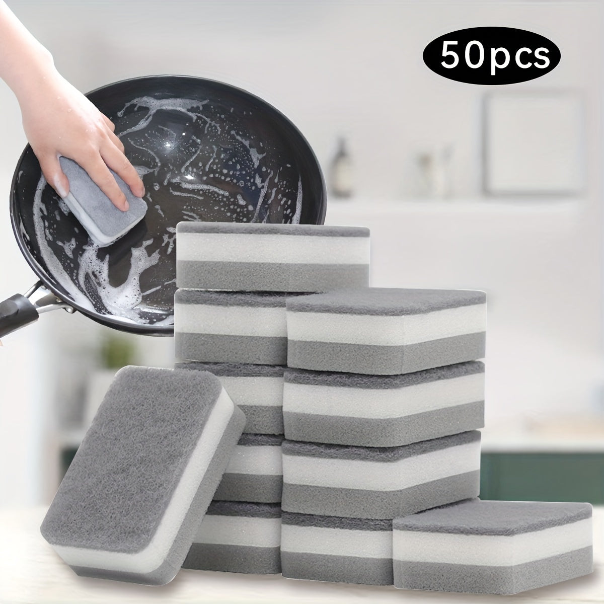 50 to 60 pieces of Multifunctional Cleaning Sponges with Double-Sided Scouring Pads for Household Cleaning and Dishwashing. Premium Kitchen Sponge that is Durable, Non-scratch, and Super Absorbent. Ideal Cleaning Supplies and Tools.