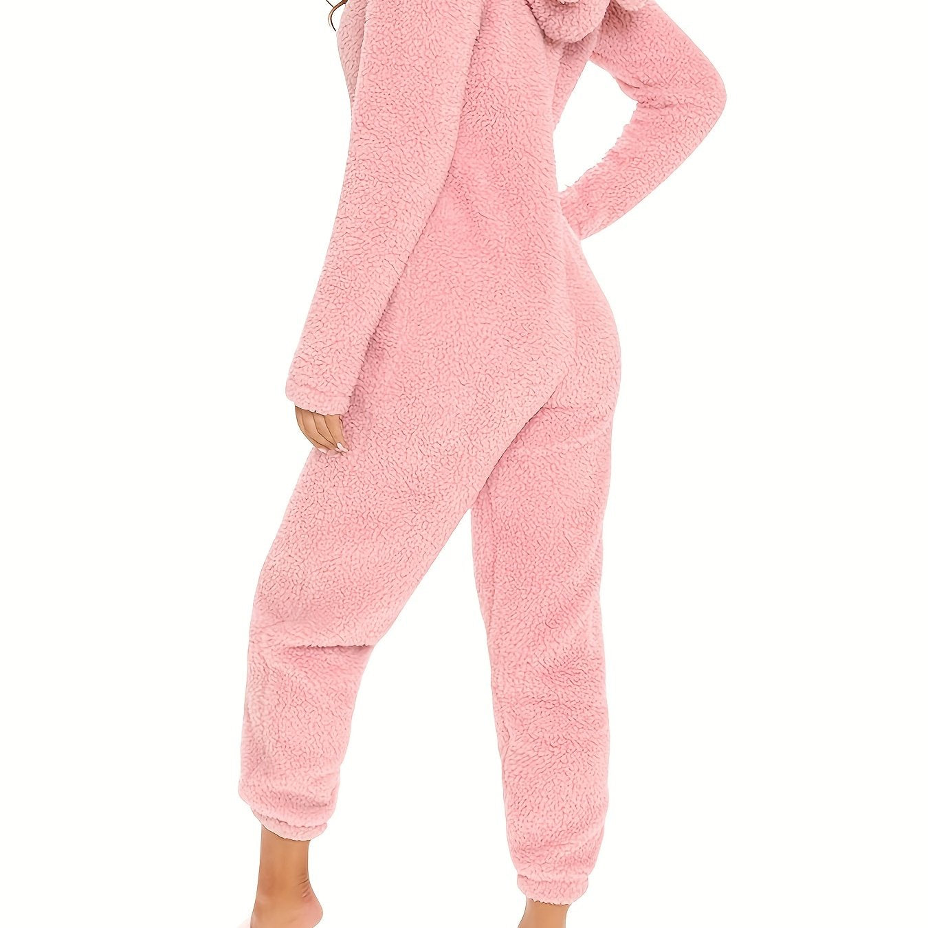 Fuzzy hooded pajama jumpsuit for music festival, comfy and cute lingerie and sleepwear.