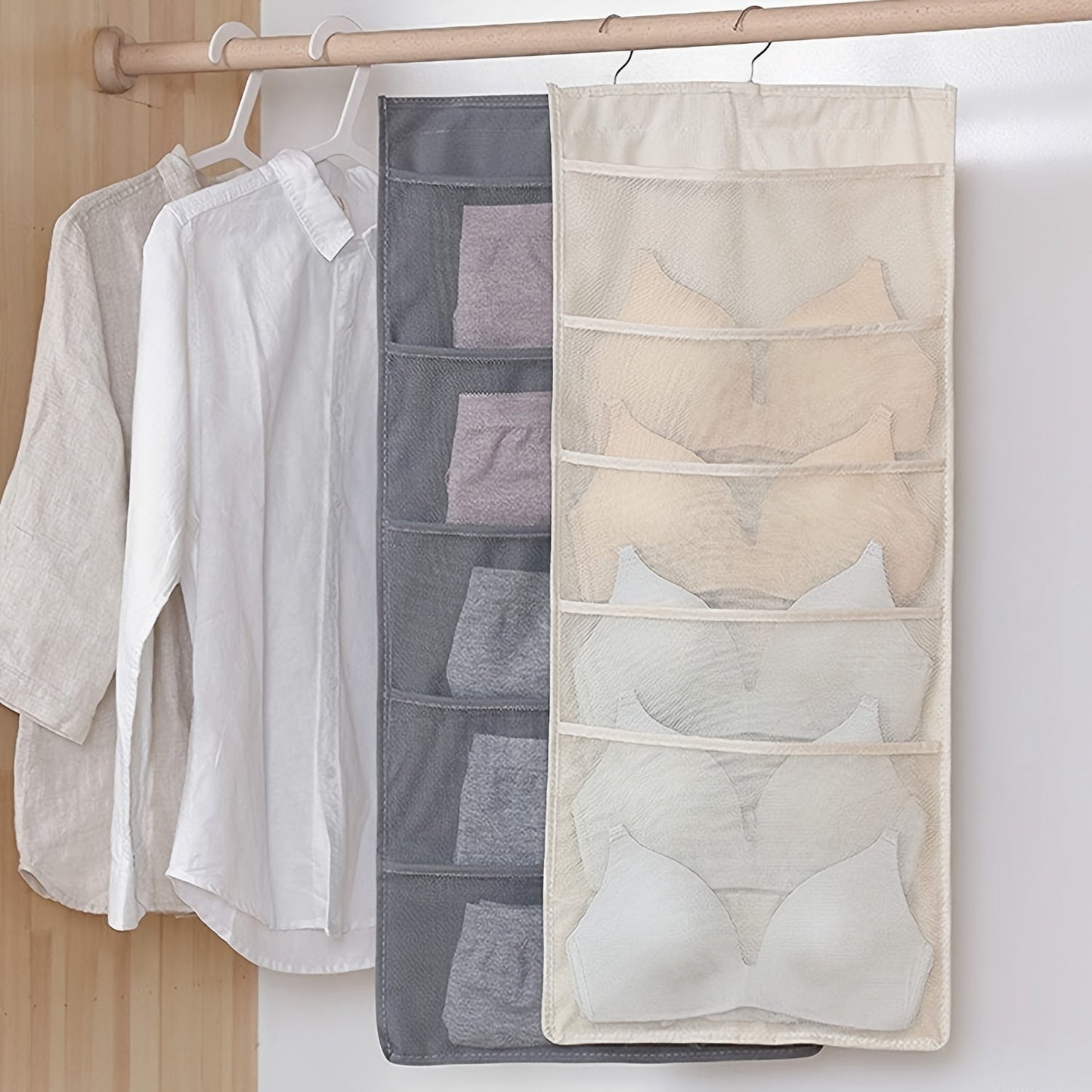 One-piece Closet Hanging Organizer featuring Mesh Pockets and Rotating Metal Hanger. This Dual-Sided Wall Shelf Wardrobe Storage Bag is made of Oxford Cloth, perfect for saving space for bras, underwear, underpants, and socks.