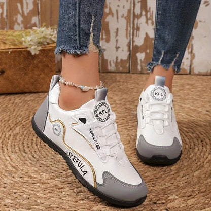 JUKEFULA Women's Colorblock Sneakers - White & Gray, Anti-Slip, Soft PVC Sole, Round Toe, Lace-Up Closure, All Seasons