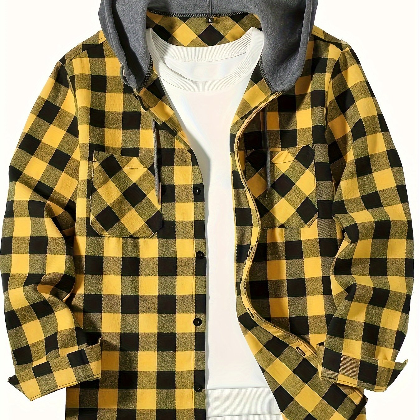 Men's plus size plaid hooded shirt with long sleeves, double pockets, and casual loose fit, made from polyester fabric. Suitable for spring or autumn, in a college-style design and