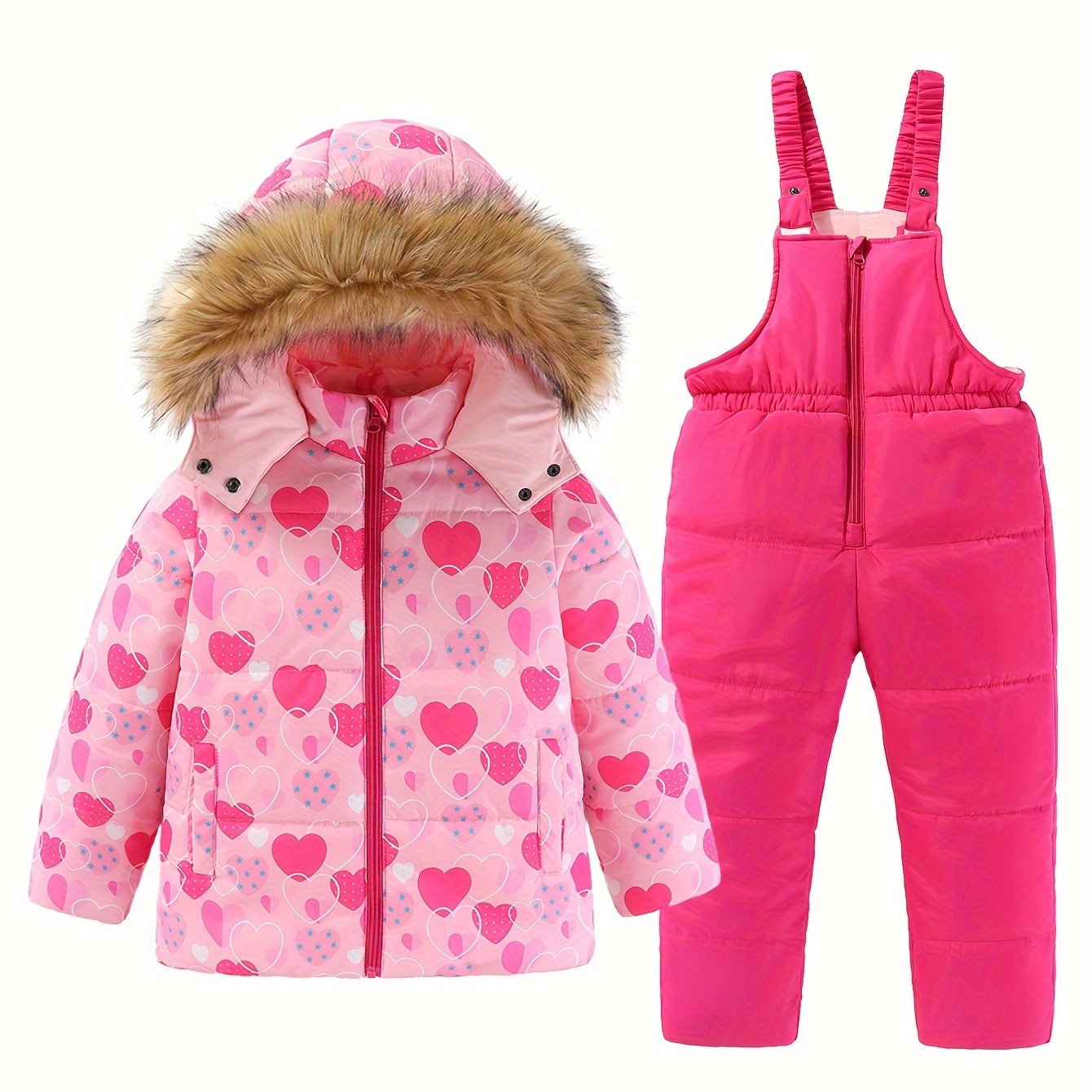 Qizlar uchun qishki chang'i snowsuit to'plami, kaputli kurtka va suspendor shimlar bilan ochiq havoda foydalanish uchun