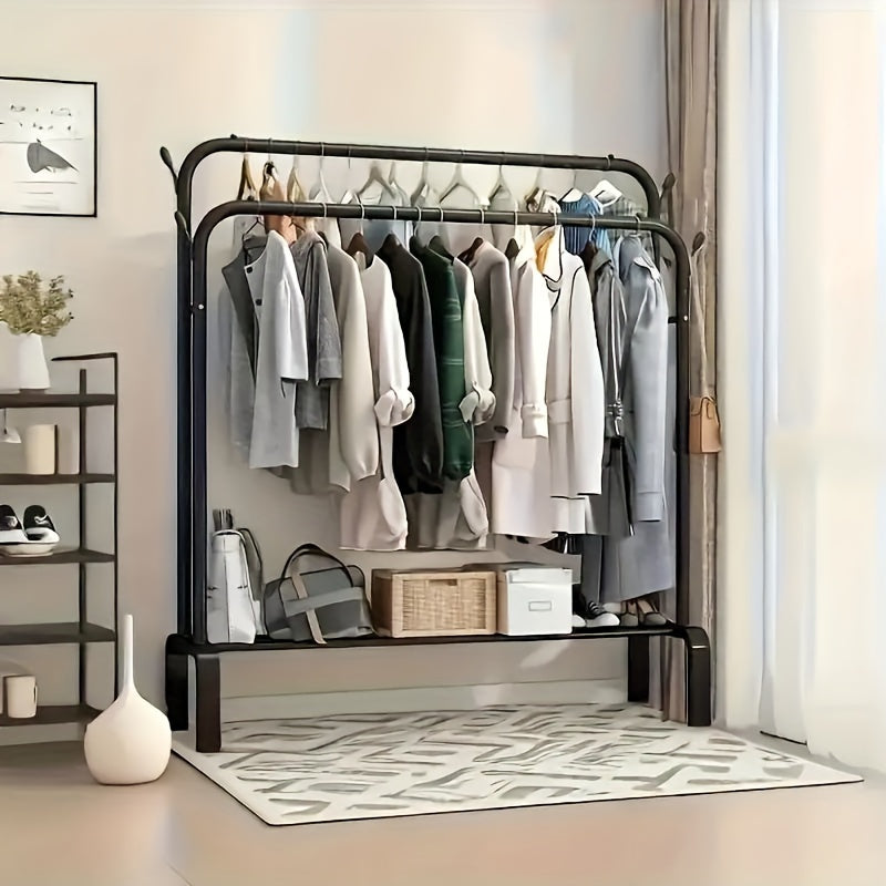 Large capacity, floor-standing clothes drying rack with double pole design. Suitable for bedroom, balcony, or bathroom. Requires self-assembly.