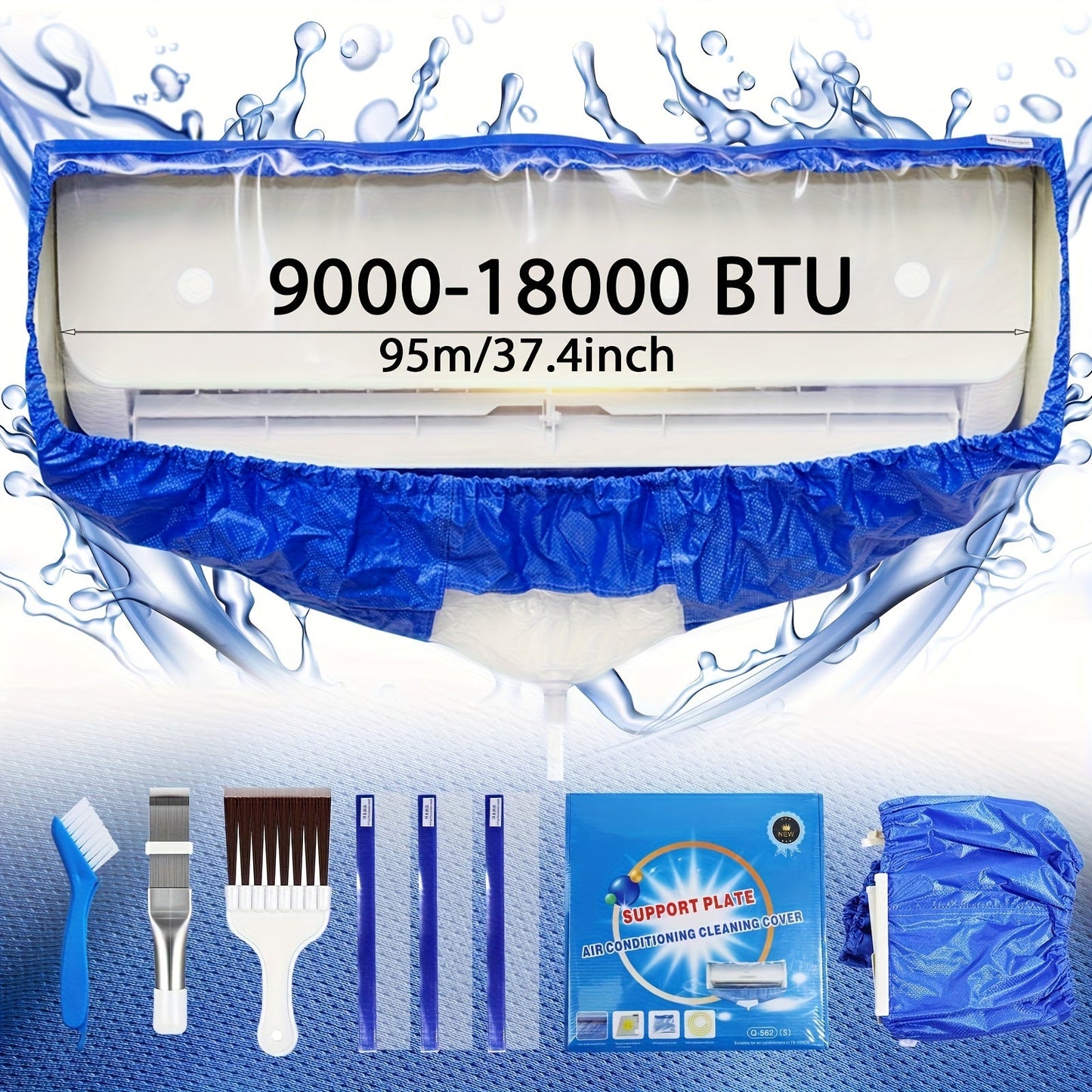 The set includes four pieces measuring 95cm/37.4inch and 130cm/51inch, designed for cleaning household large summer air conditioners. The air conditioner cleaner is equipped with a water bag and dust remover for multiple uses. It also comes with a