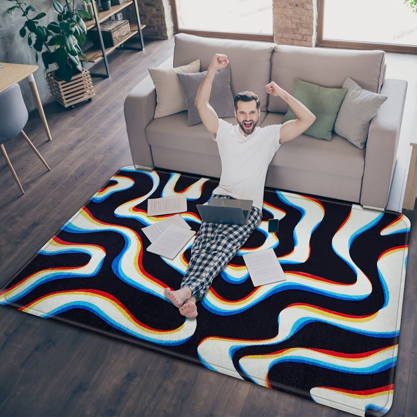 Soft, lightweight and stylish, this 1pc Psychedelic Abstract Wave Area Rug is the perfect addition to any living room, bedroom, or dorm. Made of machine-washable knit polyester, this non-slip rug is perfect for any occasion, from Christmas to Halloween