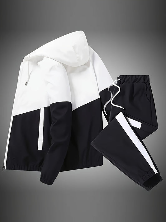 Men's Sporty Hooded Jacket and Joggers Set - Color Block, Zip-Up, Casual Outfit for All Seasons