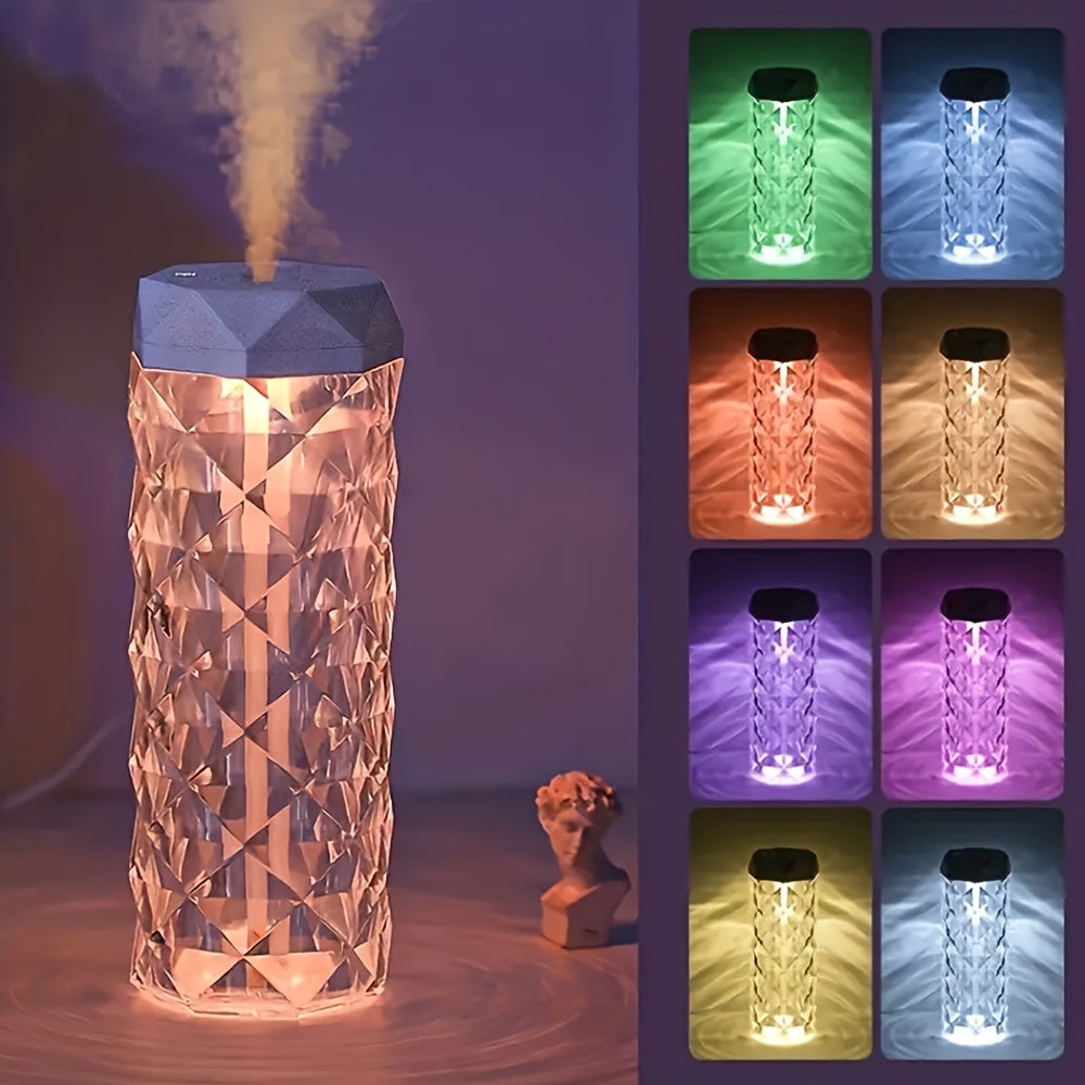 USB-powered night light humidifier & aromatherapy diffuser with stylish geometric design, colorful LED, large capacity, perfect for bedrooms, offices, and classrooms.