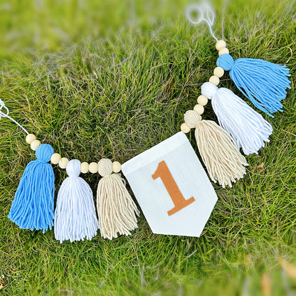 Boho blue high chair tassel garland for 1st birthday party decoration for boy.